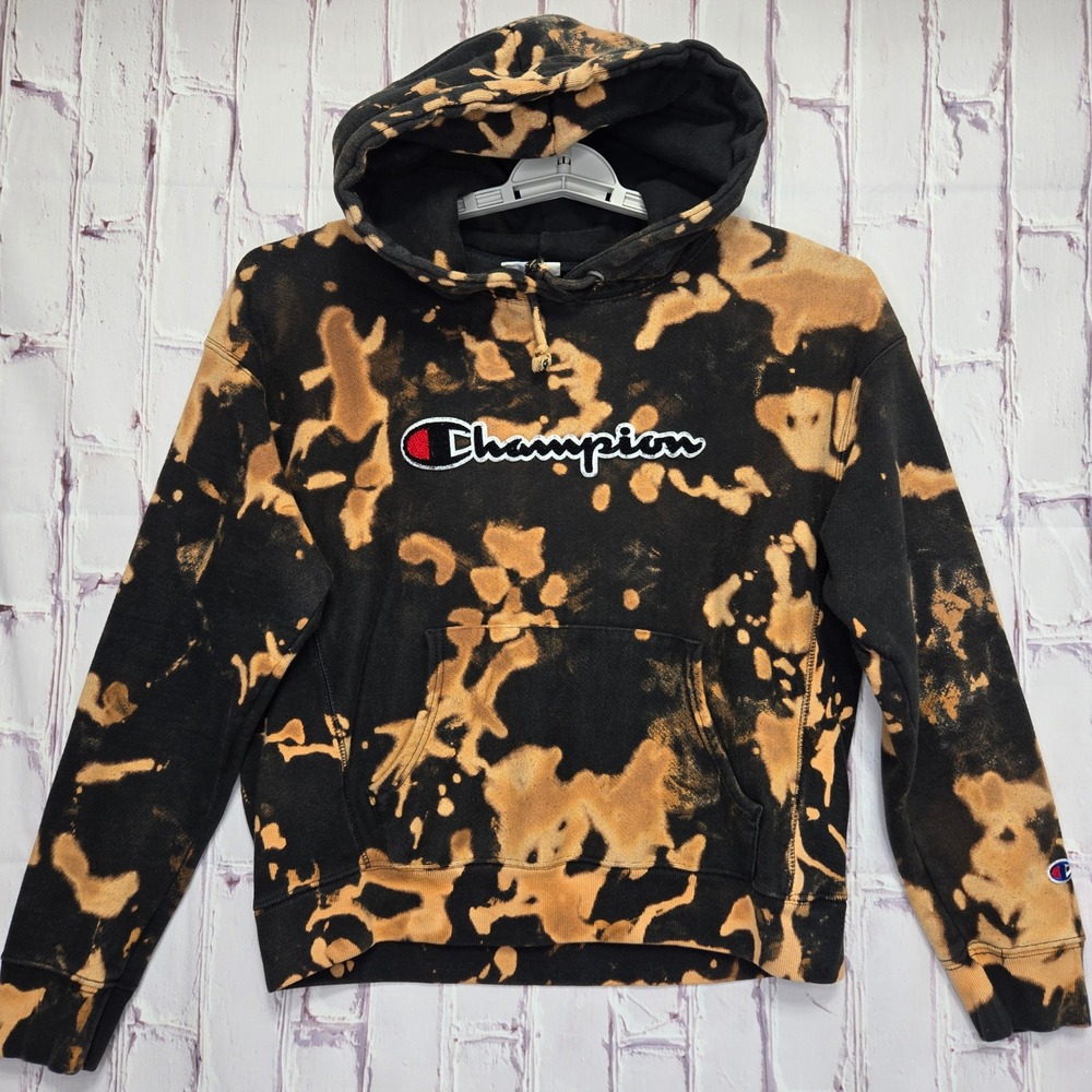 Y2K Champion Hoodie Black Bleach Dye Reverse Weave Acid Wash Pullover Mens Large